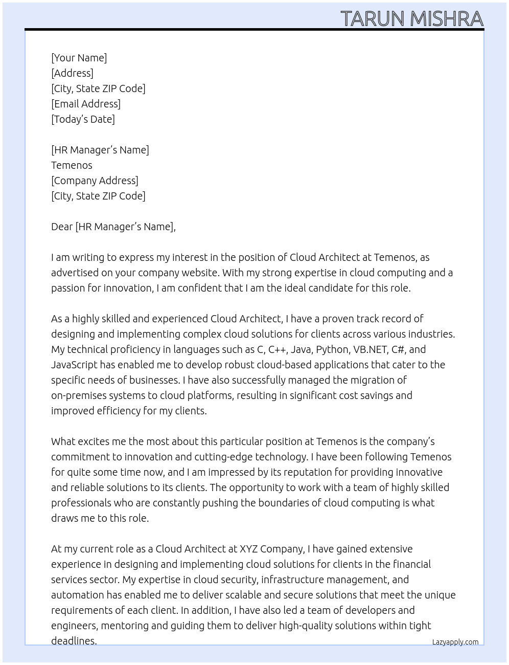 Cloud Architect At temenos Cover Letter