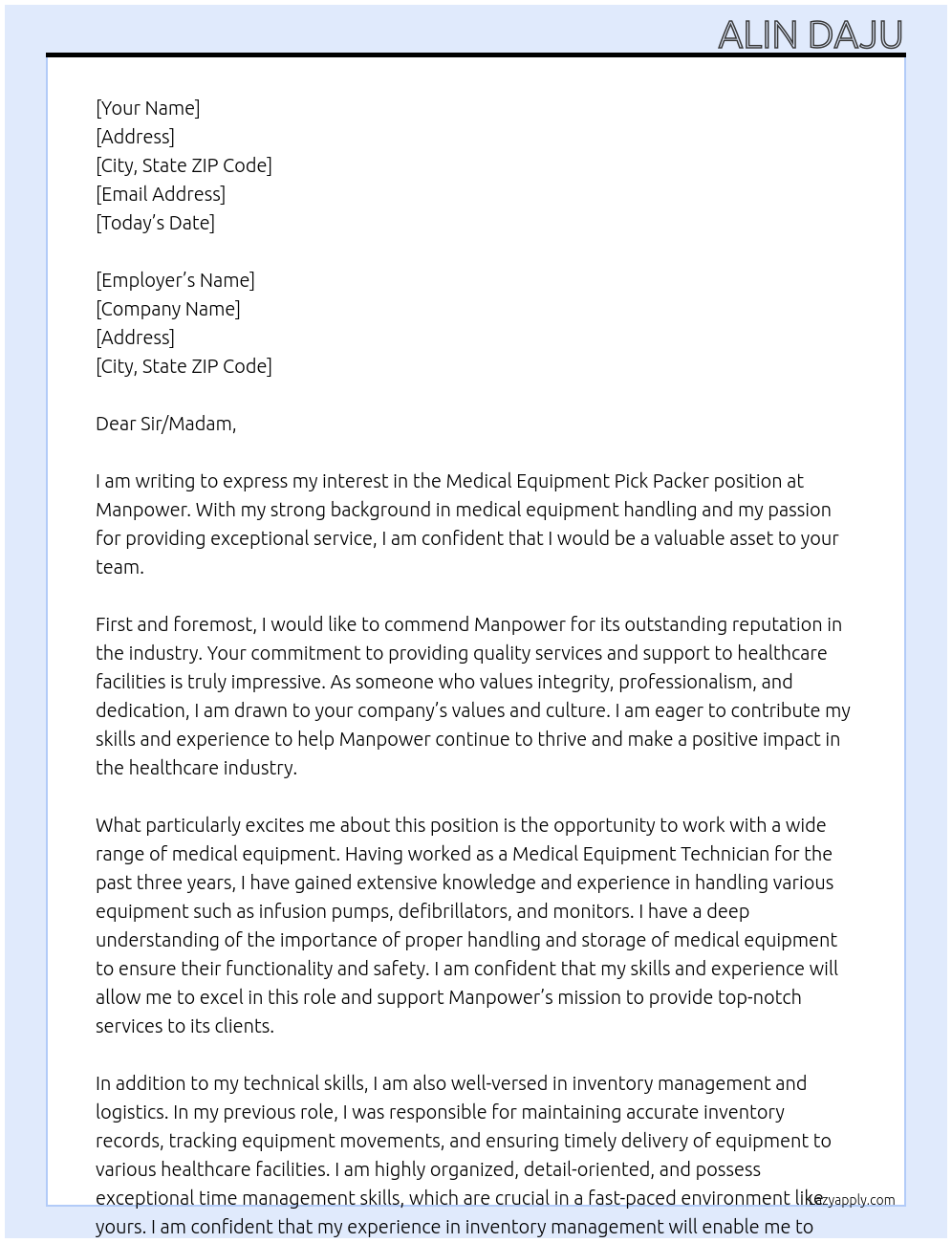 Medical Equipment Pick Packer At Manpower Cover Letter