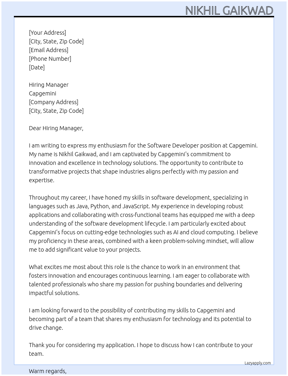 Cover letter for software development - LazyApply
