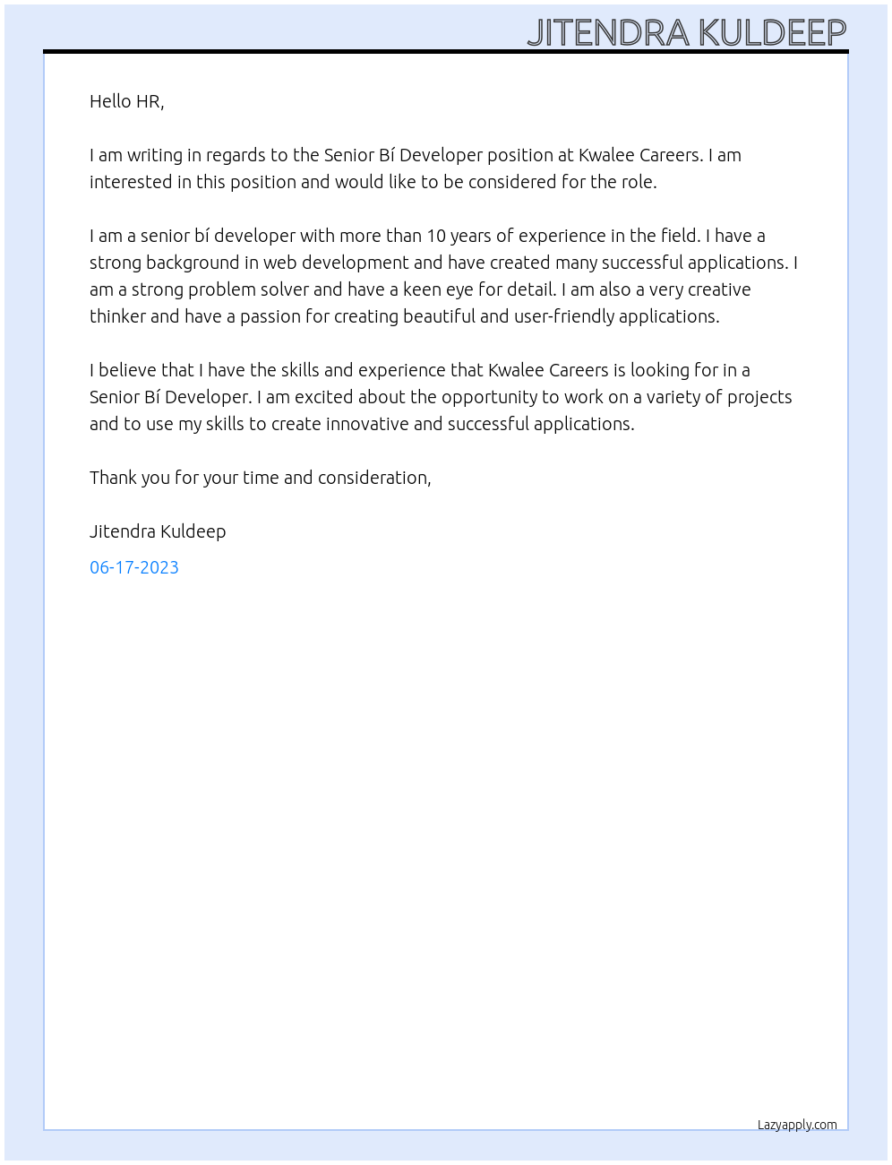 Cover letter for senior bi developer - LazyApply