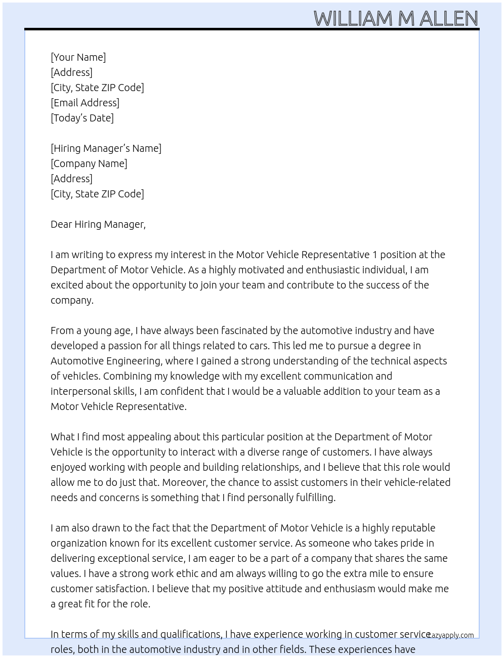 Cover letter for motor vehicle representative 1 - LazyApply