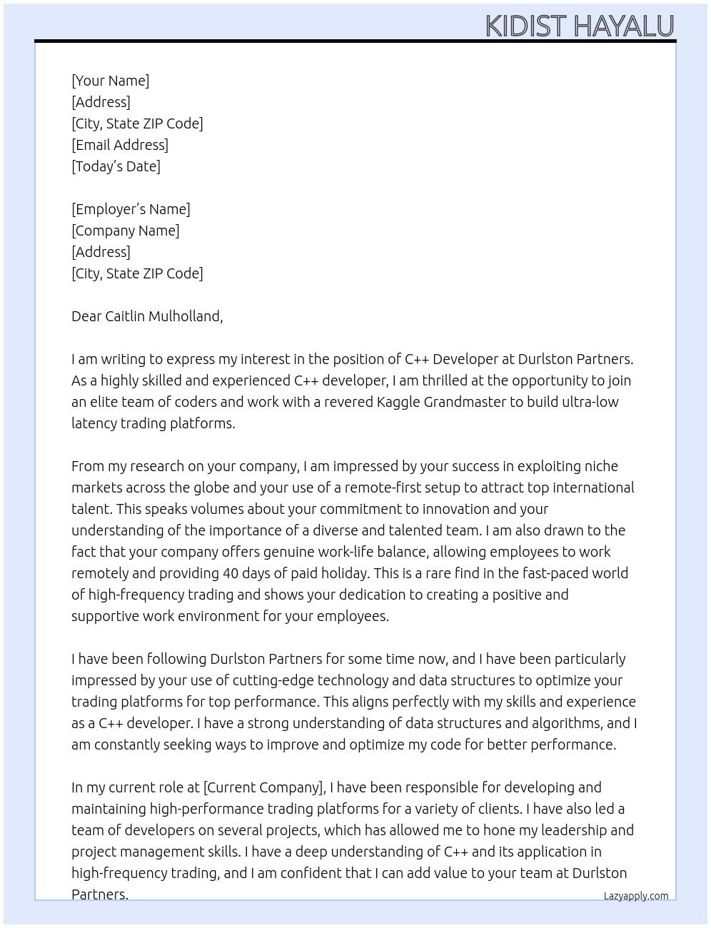 C++ developer At Durlston Partners Cover Letter