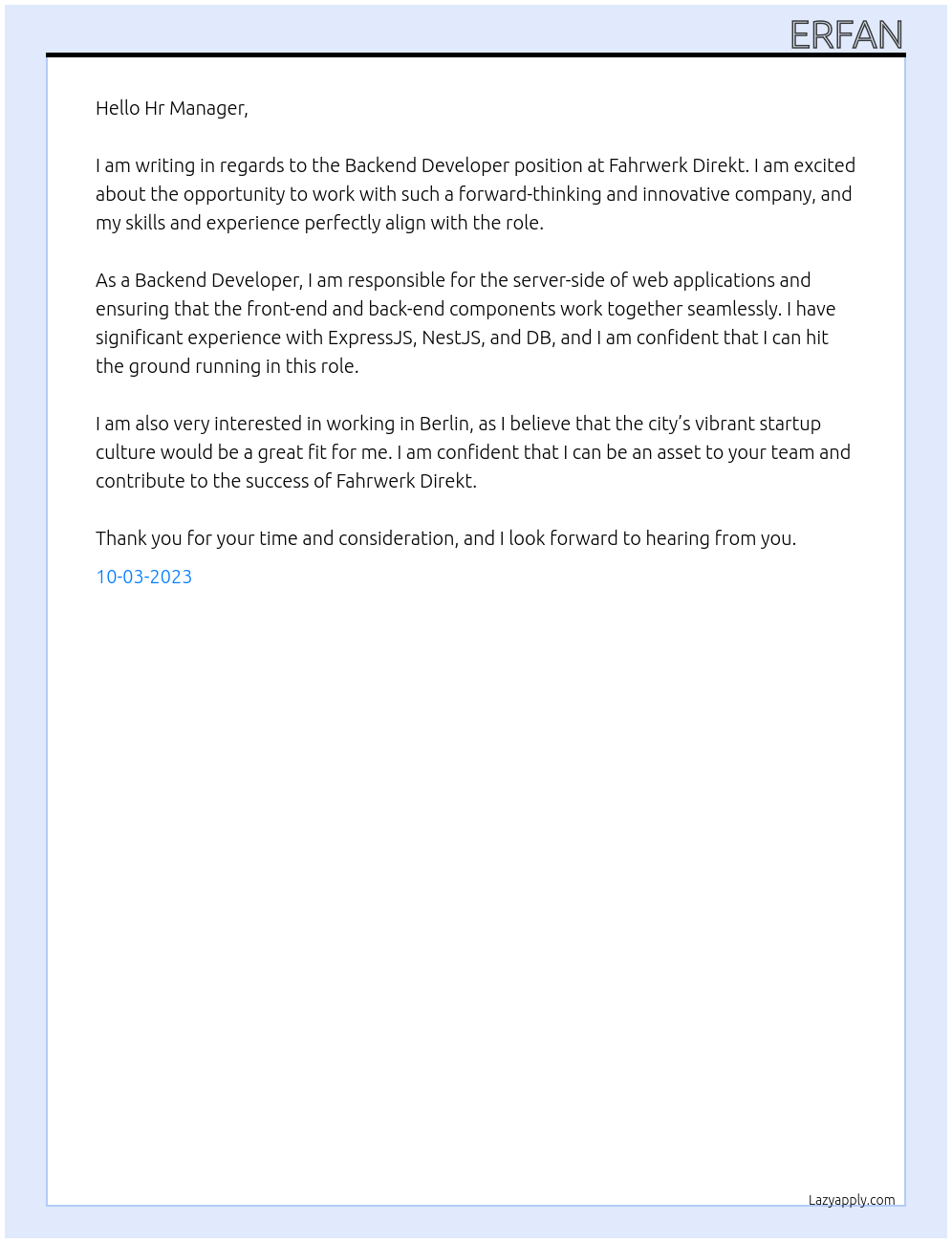 Backend Developer At Fahrwerk Direkt Cover Letter