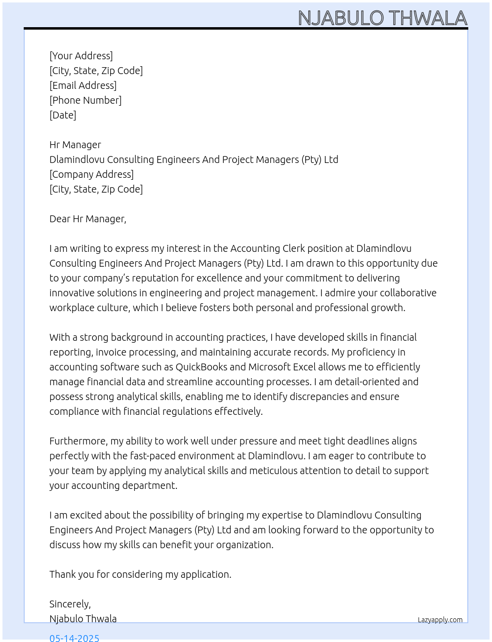 Accounting Clerk At Dlamindlovu Consulting Engineers And Project Managers (Pty) Ltd Cover Letter