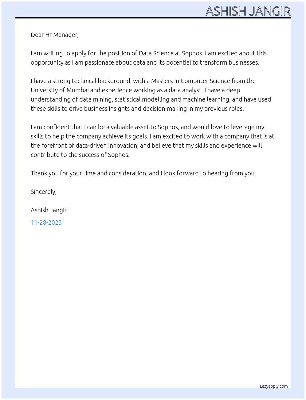 Data Science At Sophos Cover Letter