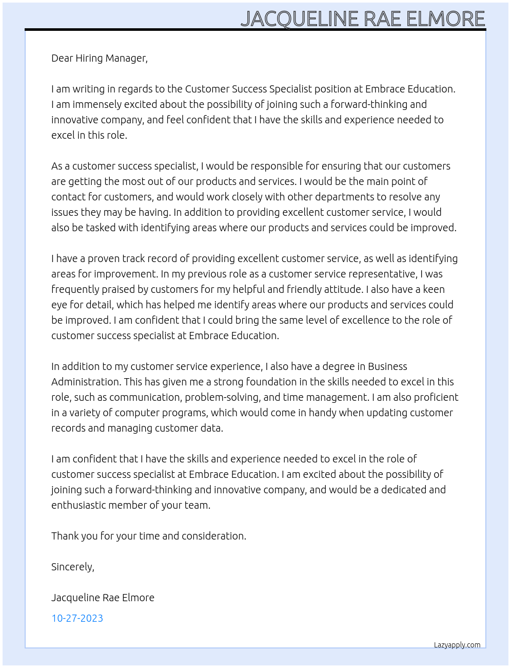 customer success specialist At Embrace Education Cover Letter