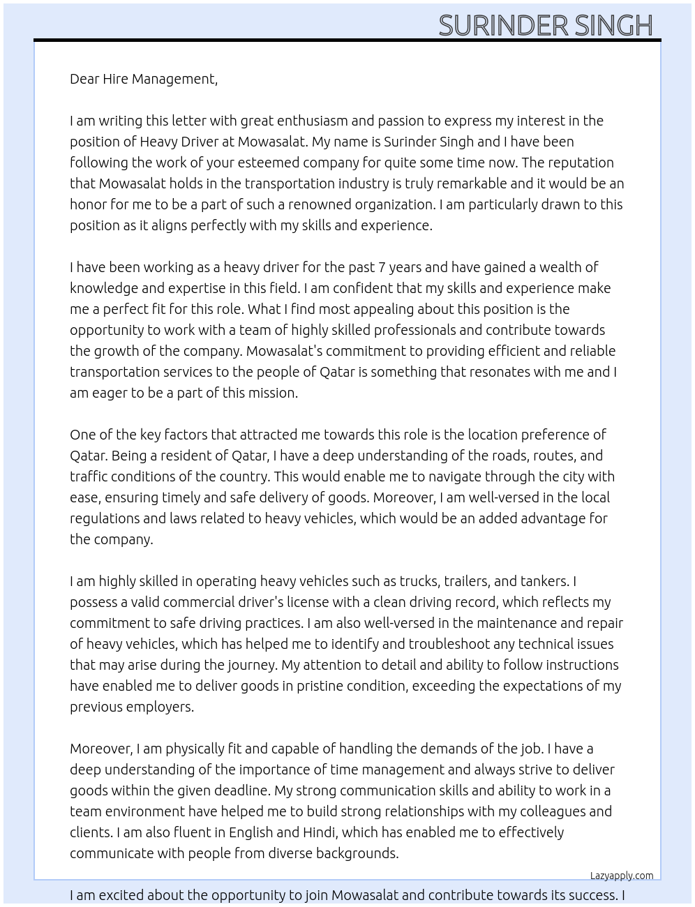 Heavy driver At Mowasalat Cover Letter