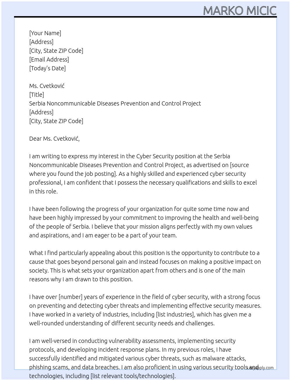 cyber security At Serbia Noncommunicable Diseases Prevention and Control Project Cover Letter