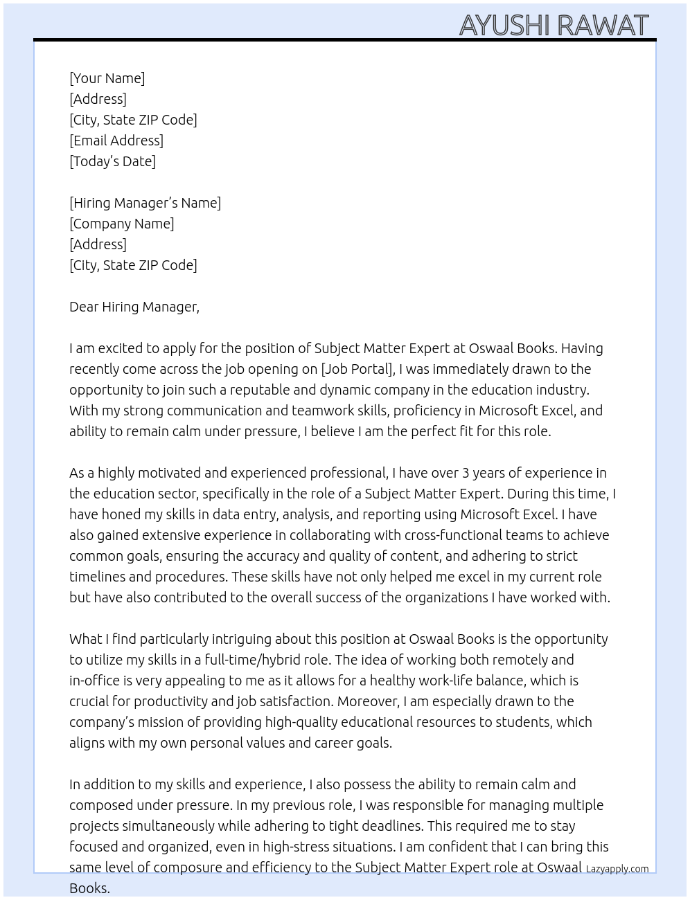 Subject Matter Expert  At Oswaal books Cover Letter