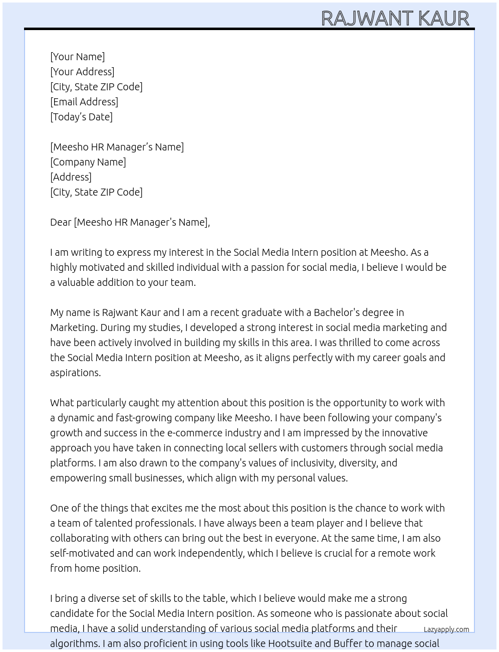 social media intern At Meesho Cover Letter