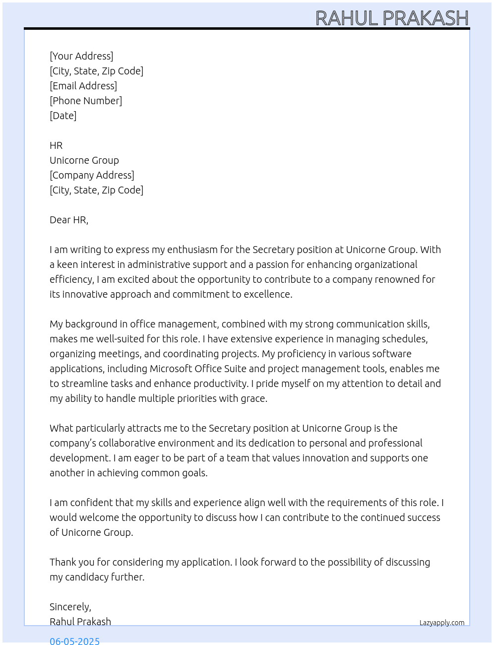 Secretary At Unicorne Group Cover Letter