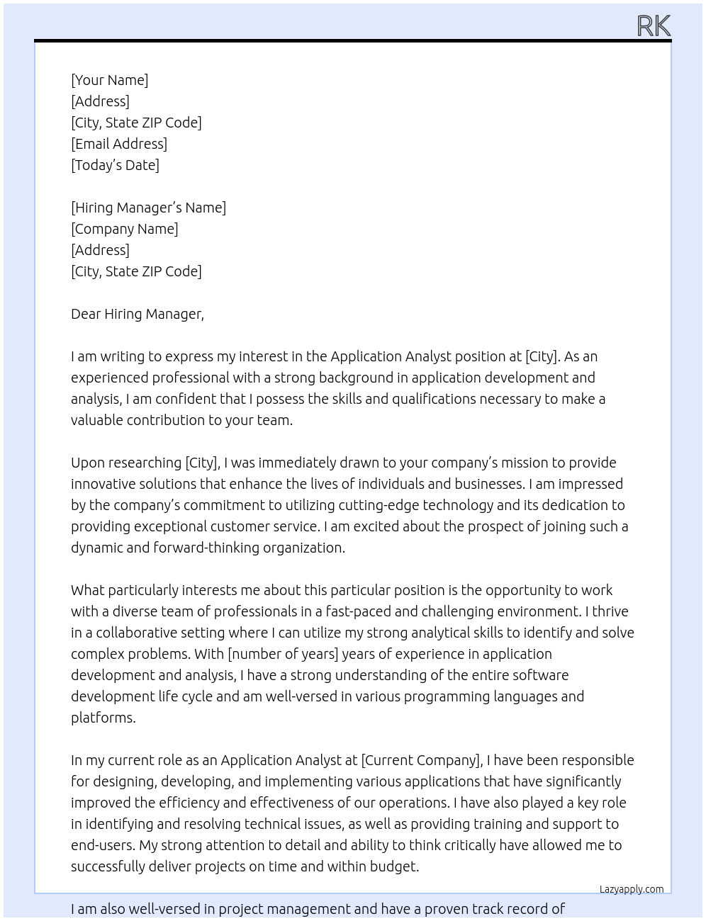 Application Analyst At City Cover Letter