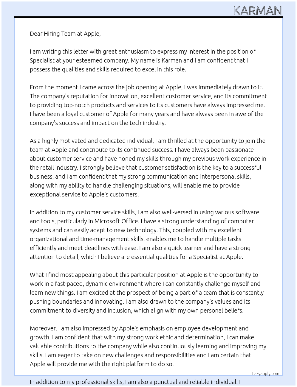 specialist At apple Cover Letter