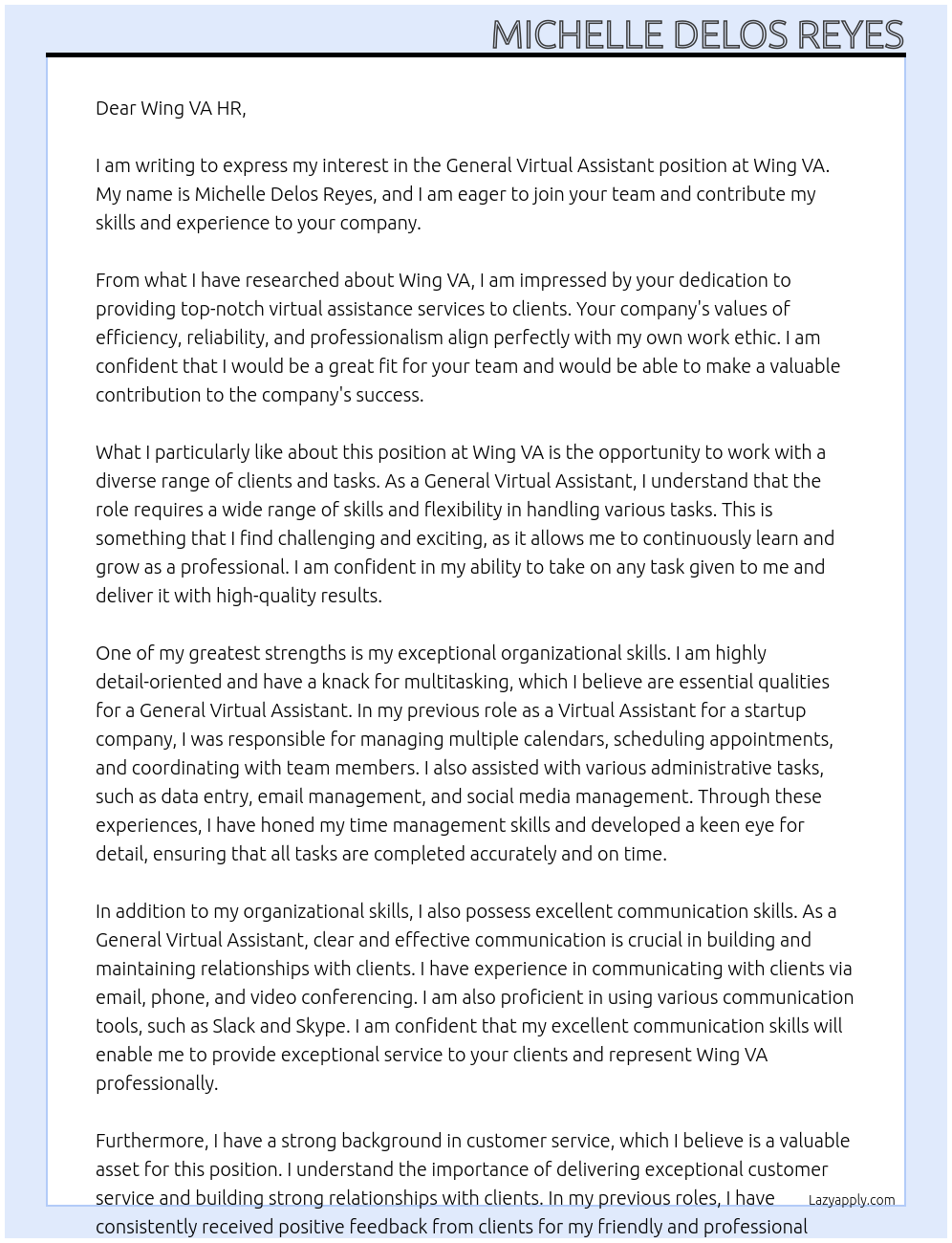 General Virtual Assistant At Wing VA Cover Letter