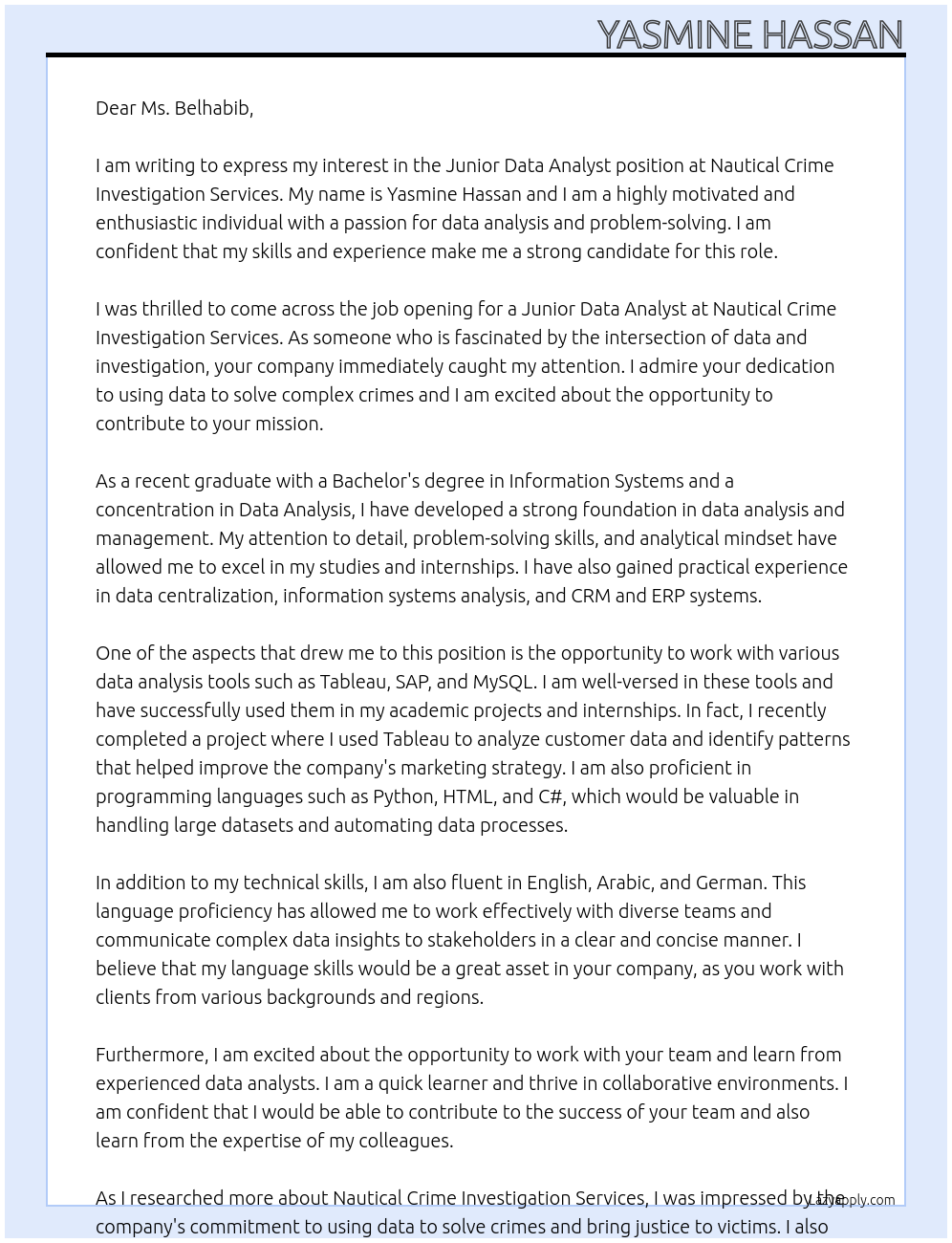 Junior Data Analyst At Nautical Crime Investigation Services Cover Letter