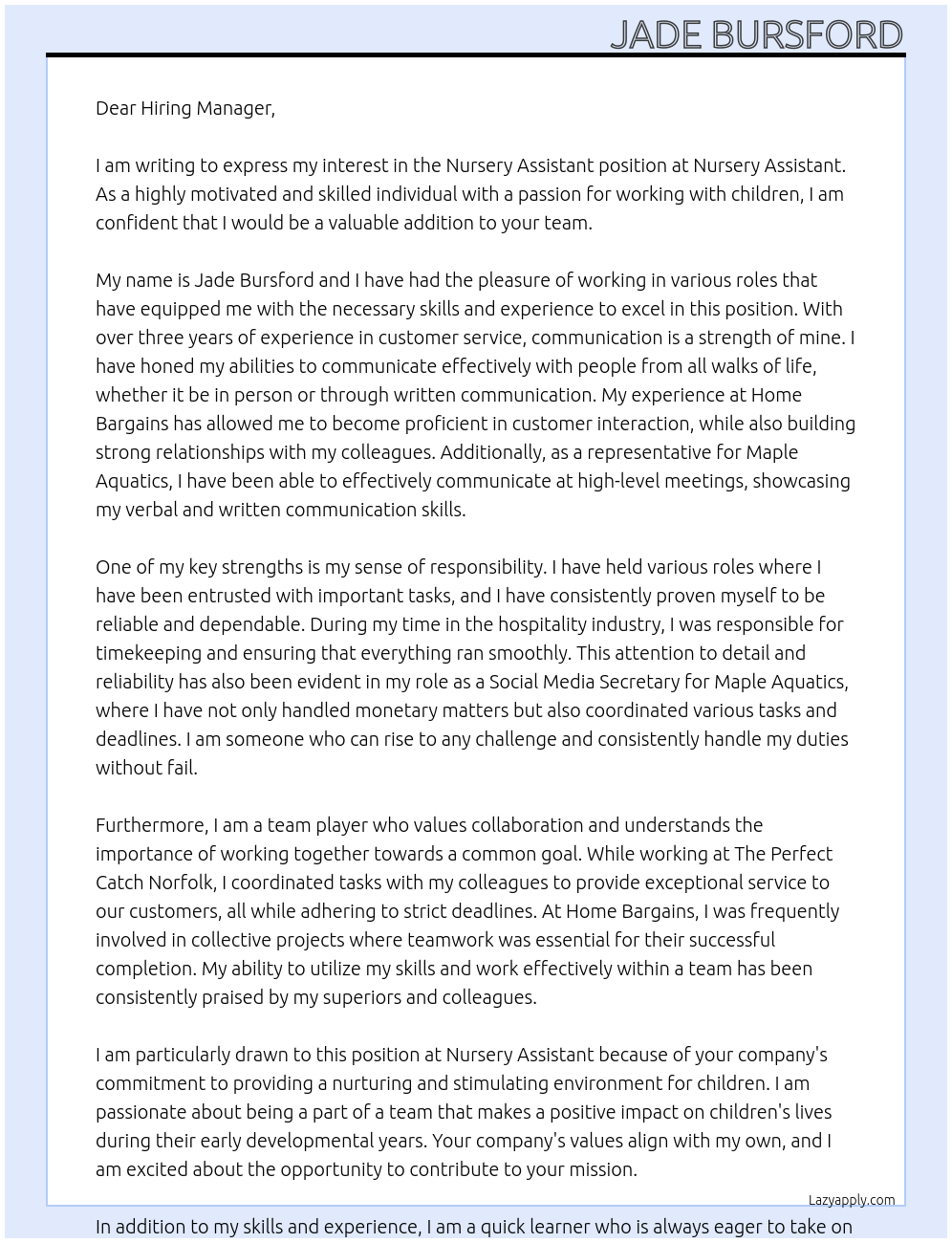 Nursery assistant At Nursery assistant Cover Letter