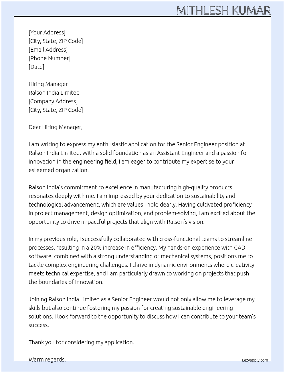 Senior engineer At Ralson india limited Cover Letter