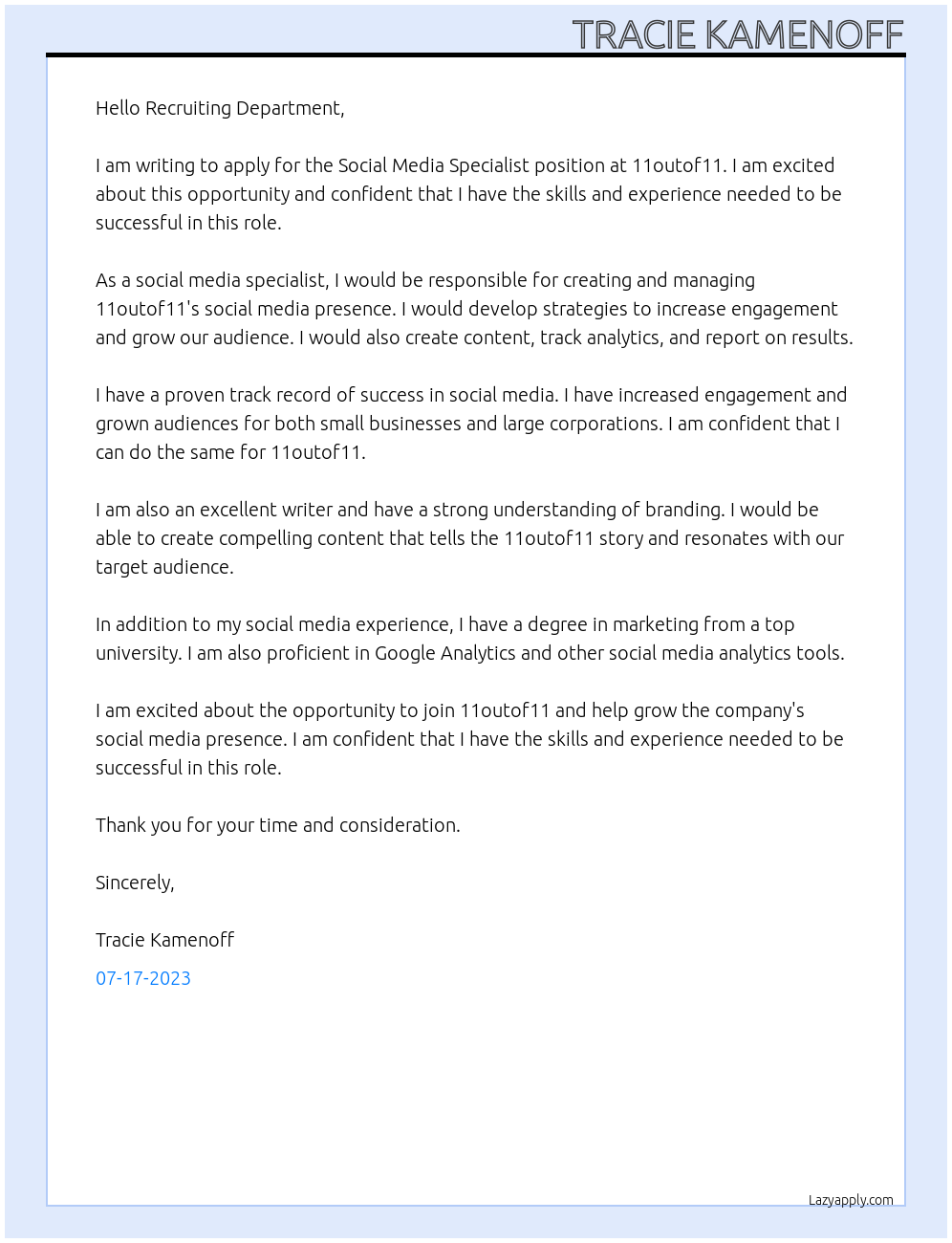 Social Media Specialist At 11outof11 Cover Letter