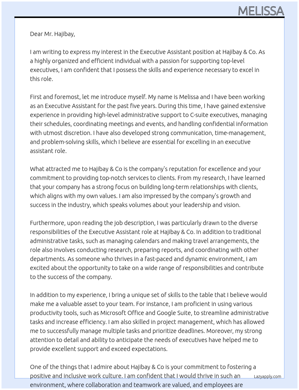 executive assitant At Hajibay & Co Cover Letter