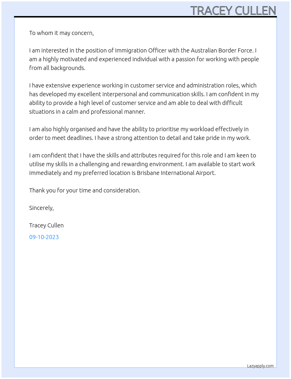 Immigration Officer At Australian Border Force Cover Letter