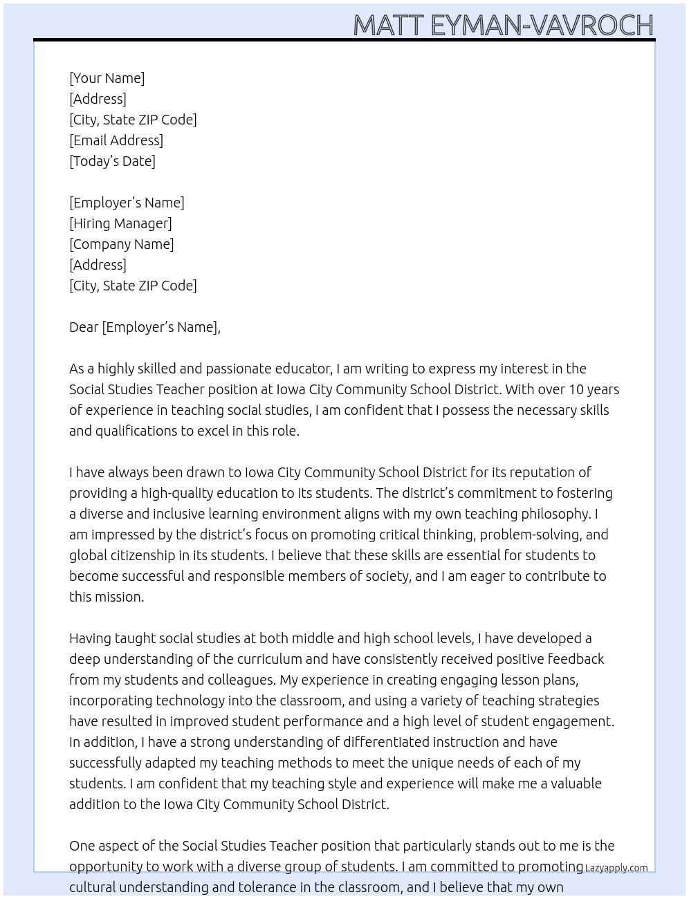 Social Studies Teacher At Iowa City Community School District Cover Letter