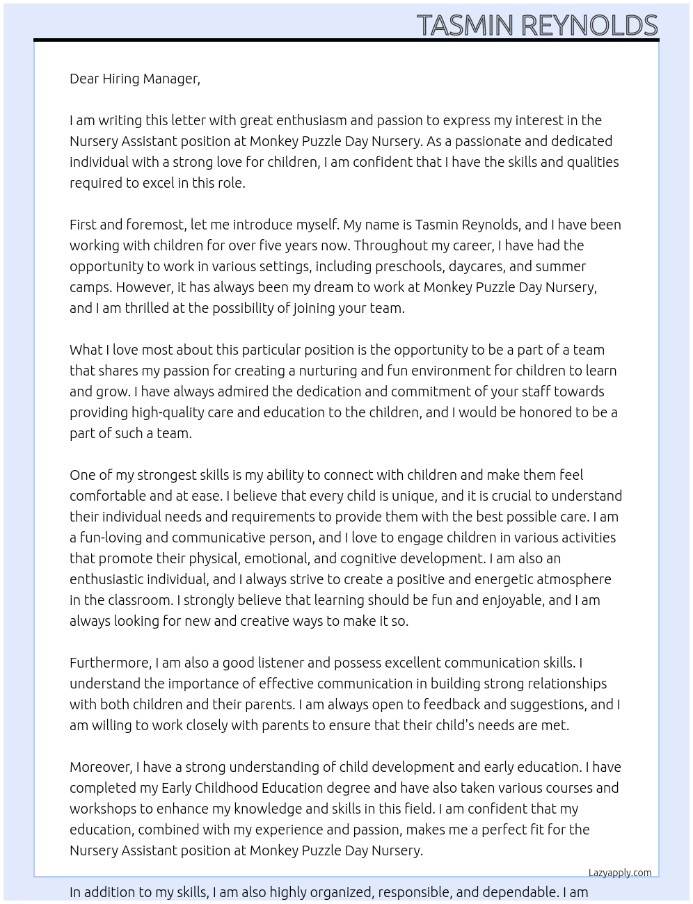 Nursery Assistant At Monkey Puzzle Day Nursery Cover Letter