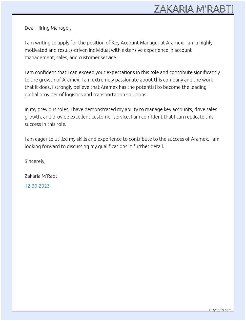 Key Account Manager At Aramex Cover Letter