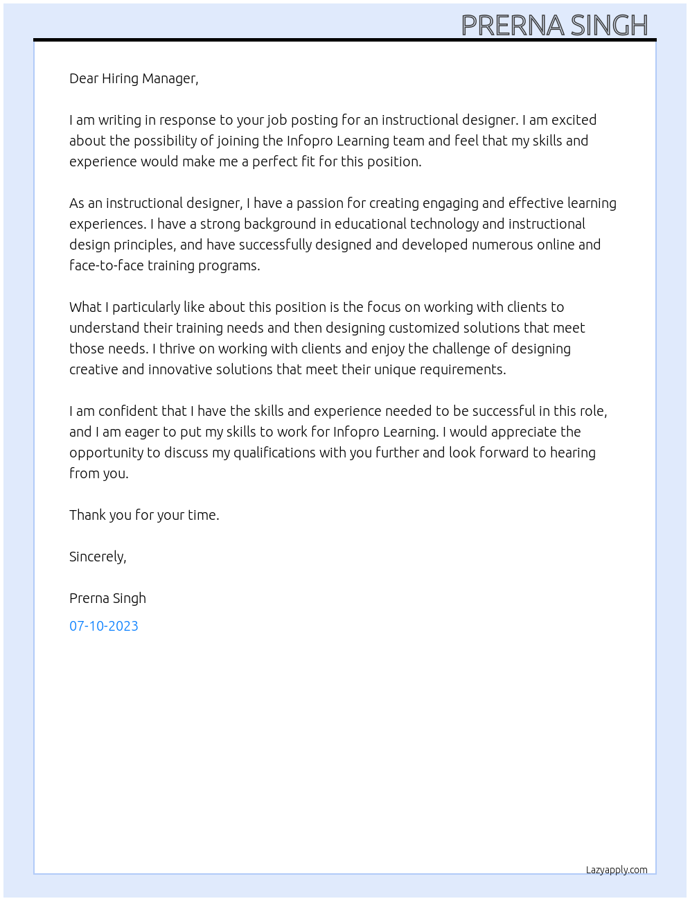 Instructional designer At Infopro Learning Cover Letter