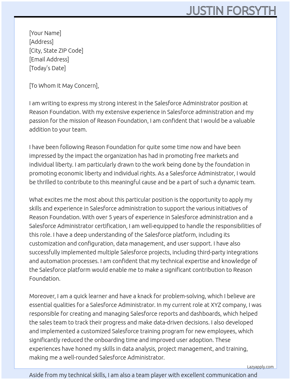 Salesforce Administrator At Reason Foundation Cover Letter