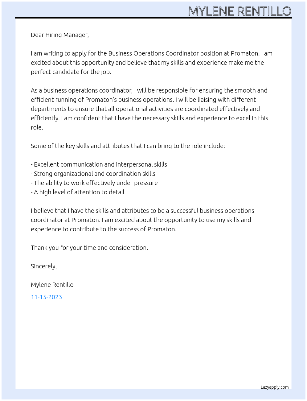 Business Operations Coordinator At Promaton Cover Letter