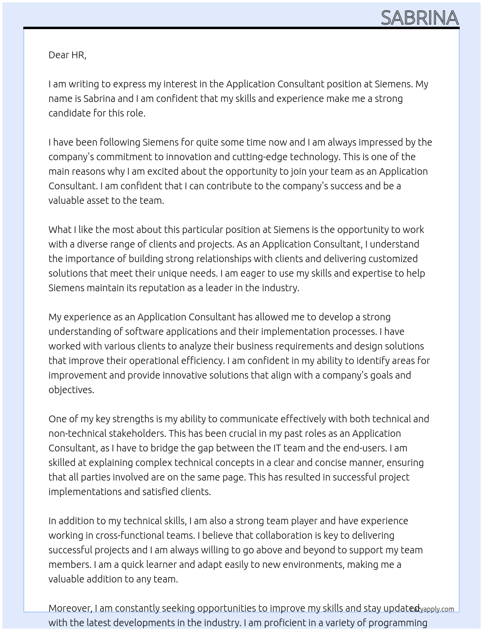 Application consultant At Siemens Cover Letter