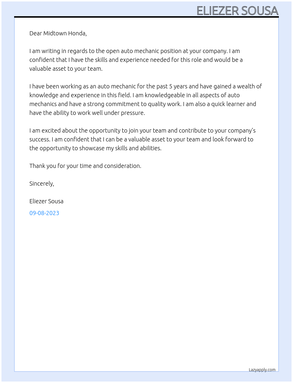 auto mechanic At Midtown Honda Cover Letter