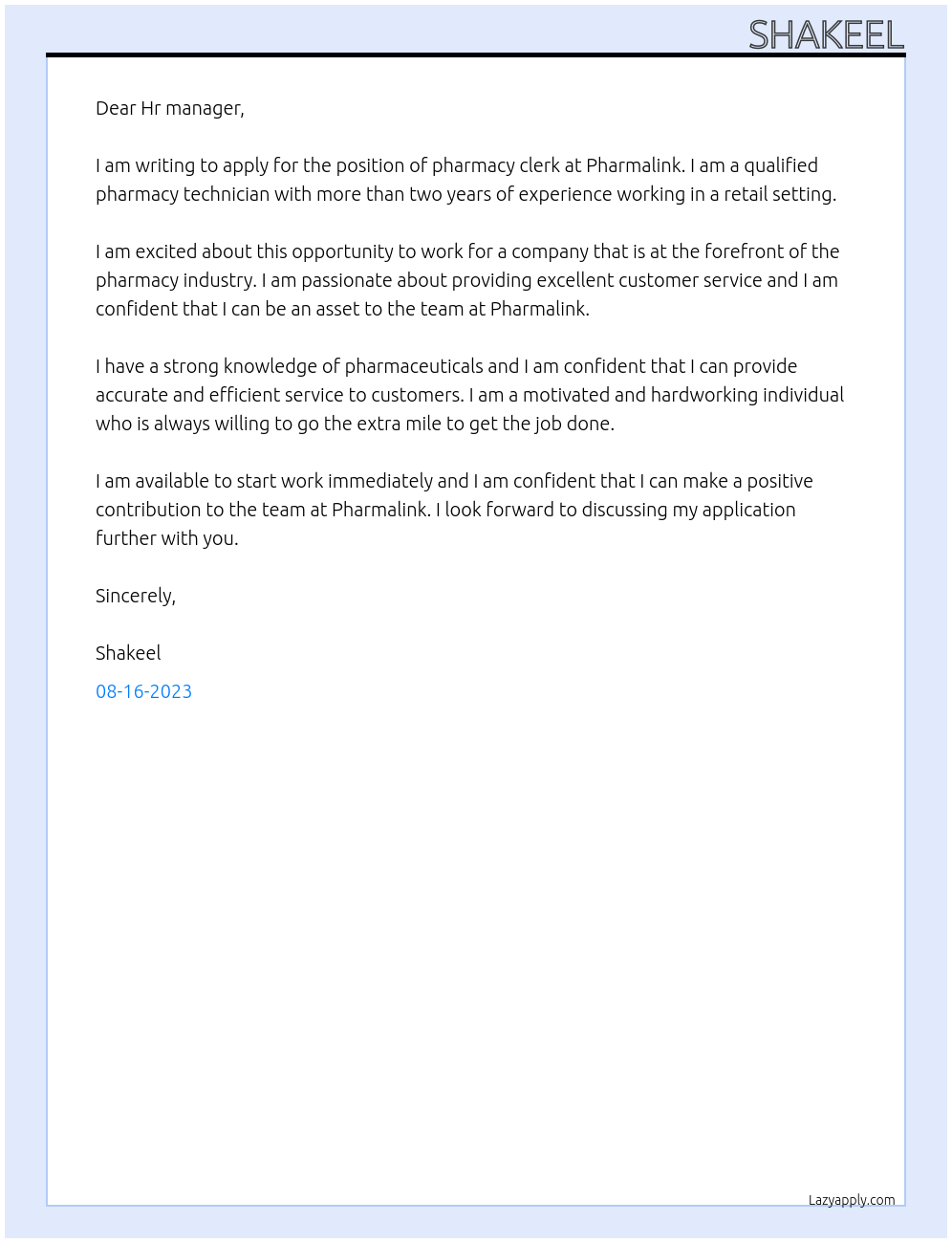 Pharmacy clerk At Pharmalink Cover Letter