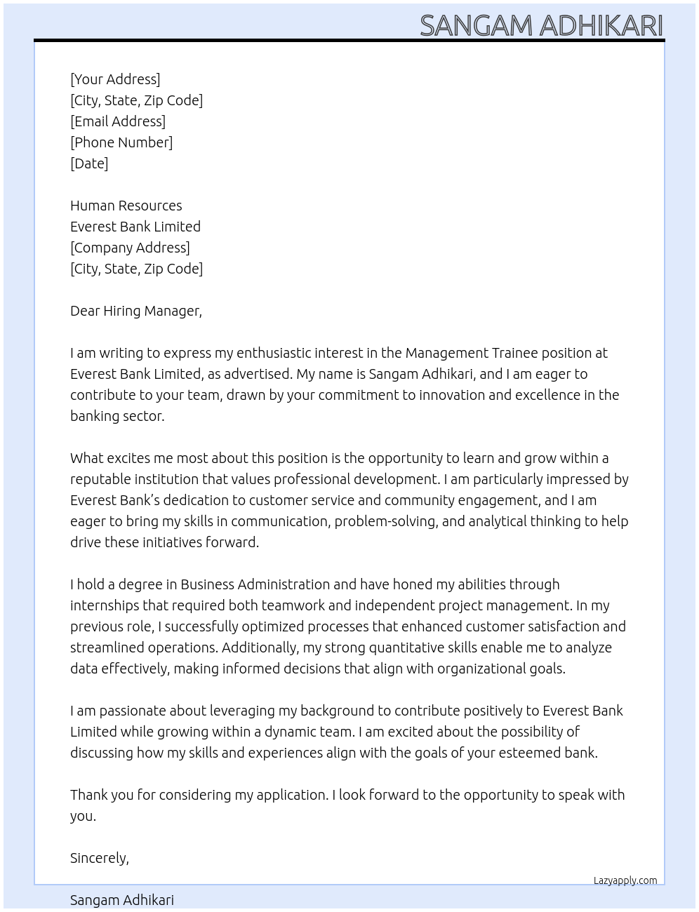 Management Trainee At Sangam Adhikari Cover Letter