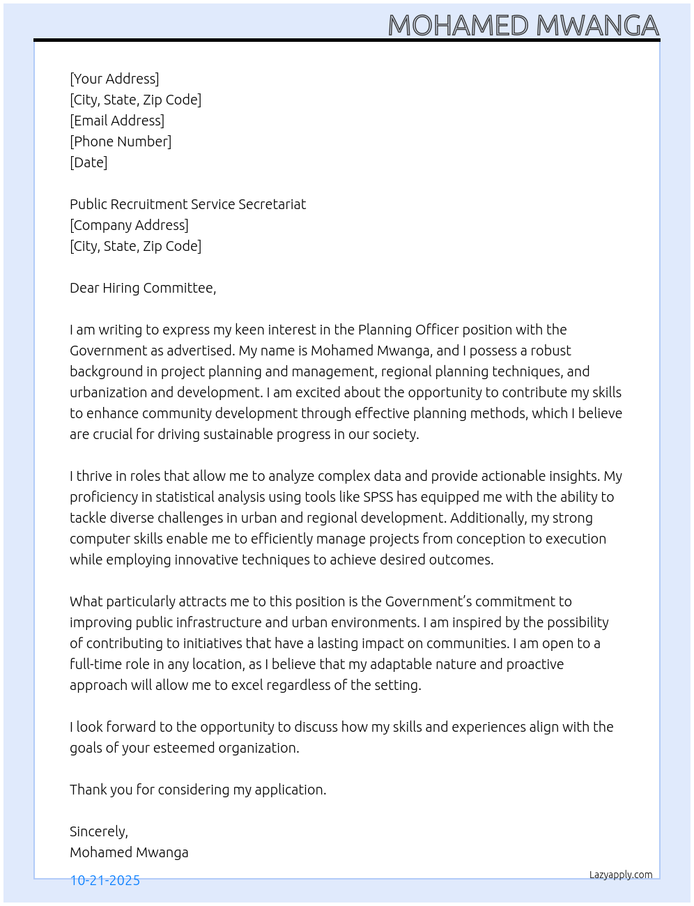 Cover letter for planning officer - LazyApply