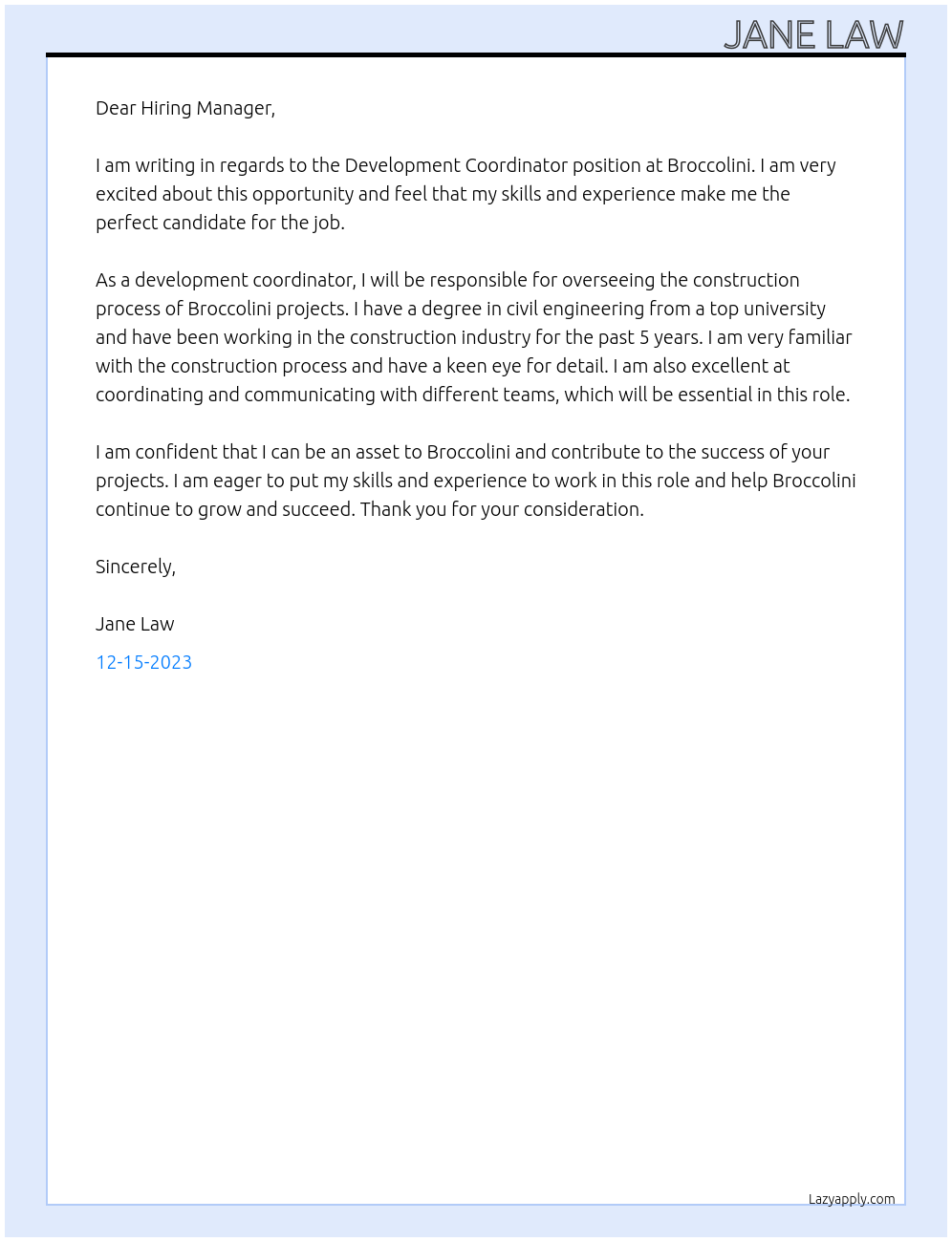 Development Coordinator At Broccolini Cover Letter