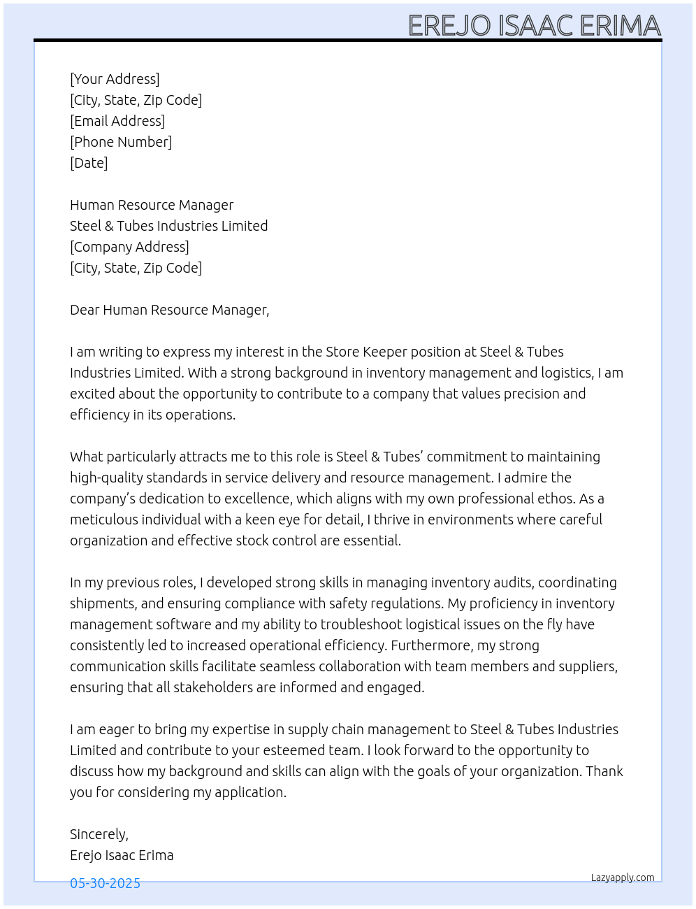 Store Keeper At Steel& Tubes Industries Limited Cover Letter