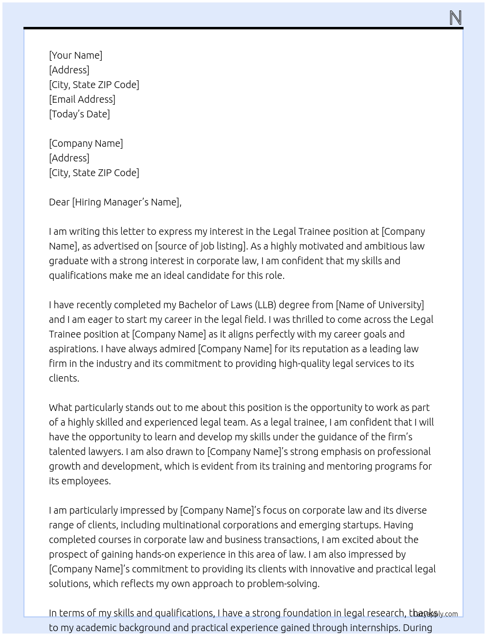Legal trainee At X Cover Letter