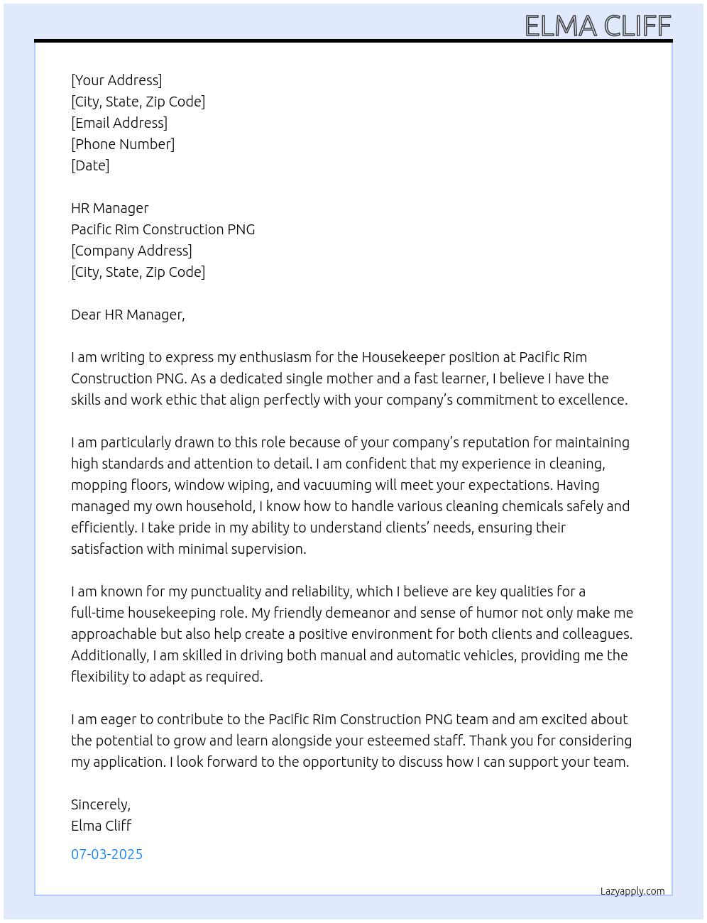 HouseKeeper At Pacific Rim Construction PNG Cover Letter