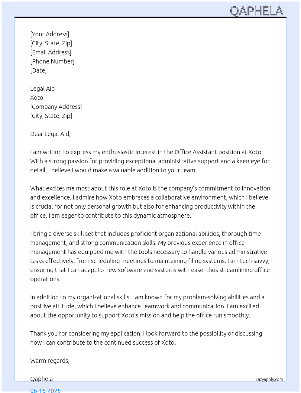 Office Assistant  At Xoto Cover Letter
