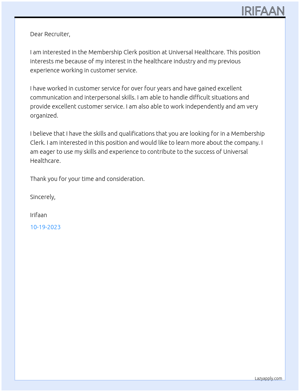 Membership Clerk  At Universal Healthcare Cover Letter