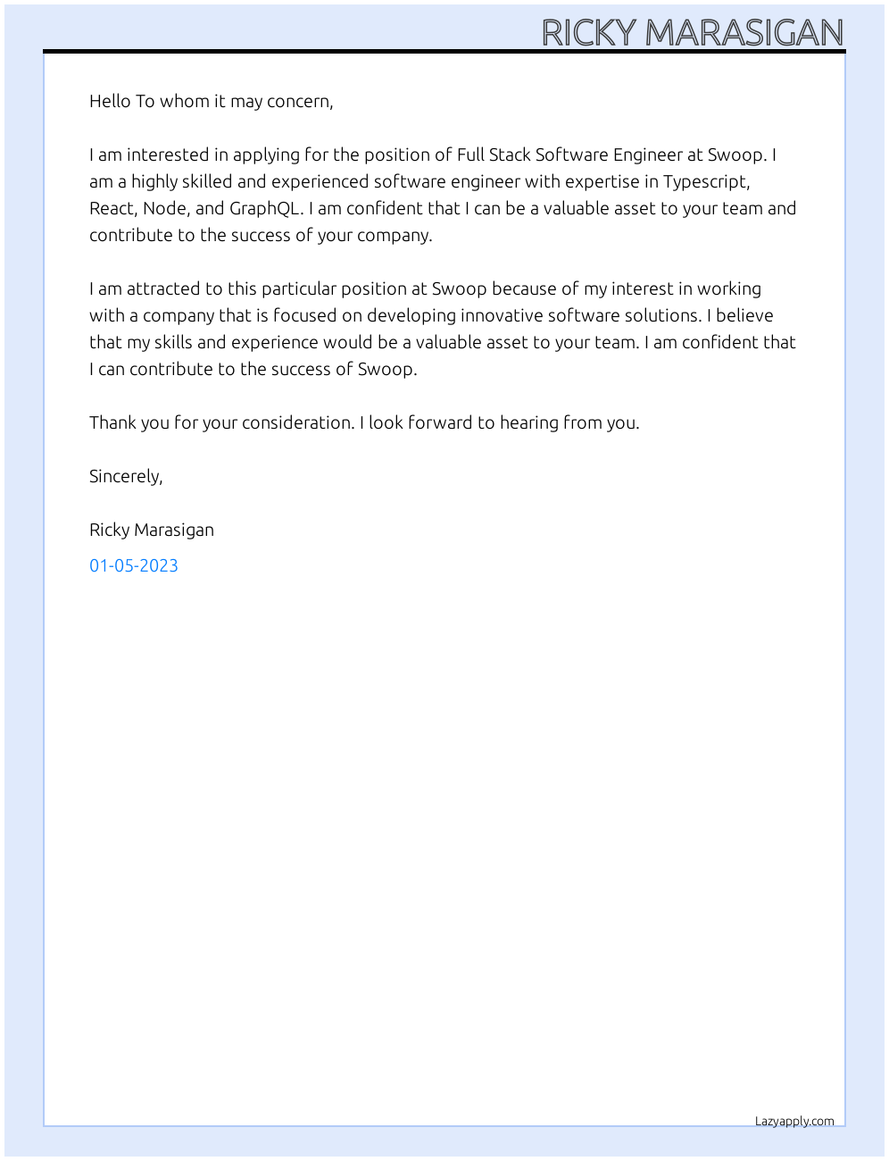 Full Stack Software Engineer At Swoop Cover Letter