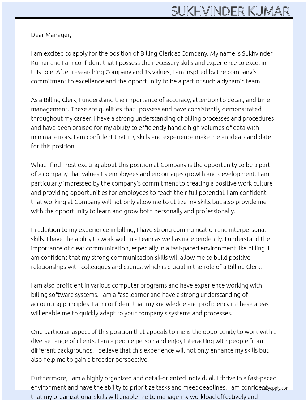 Billing clerk  At Company  Cover Letter