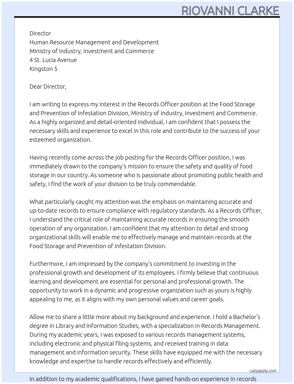 Records Officer At Food Storage and Prevention of Infestation Division, Ministry of Industry, Investment and Commerce Cover Letter