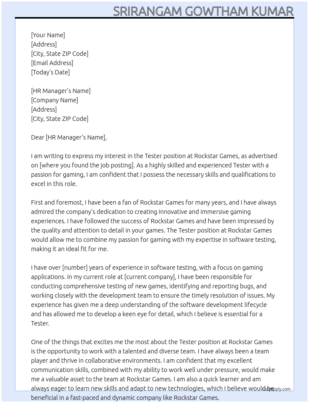 Tester At Rockstar Games Cover Letter