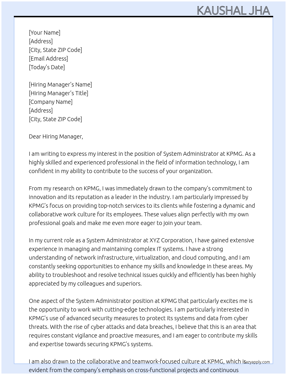 System Administrator At KPMG Cover Letter