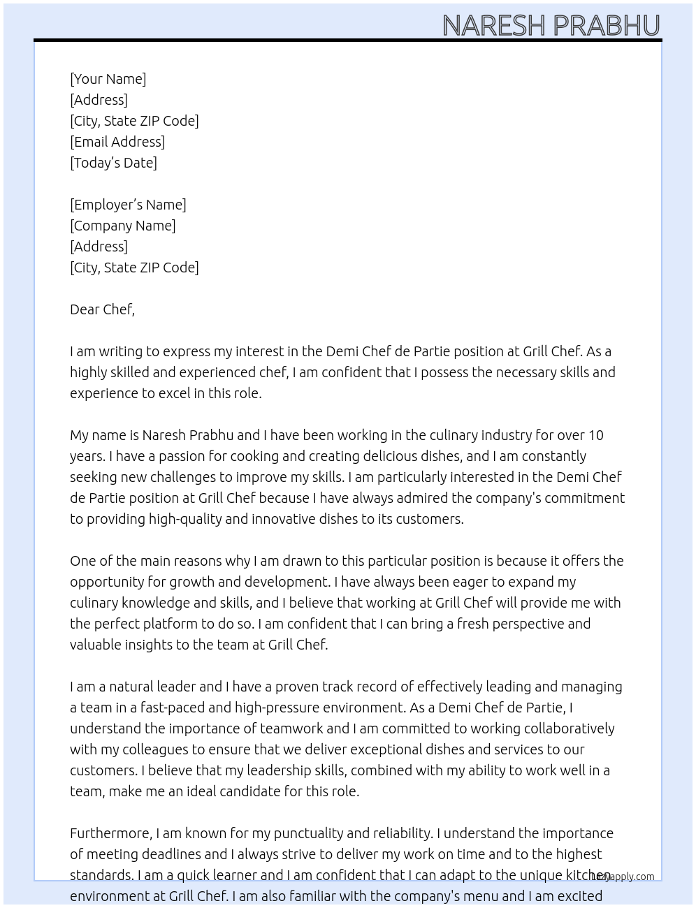 Demi chef de partie At Grill chef Cover Letter