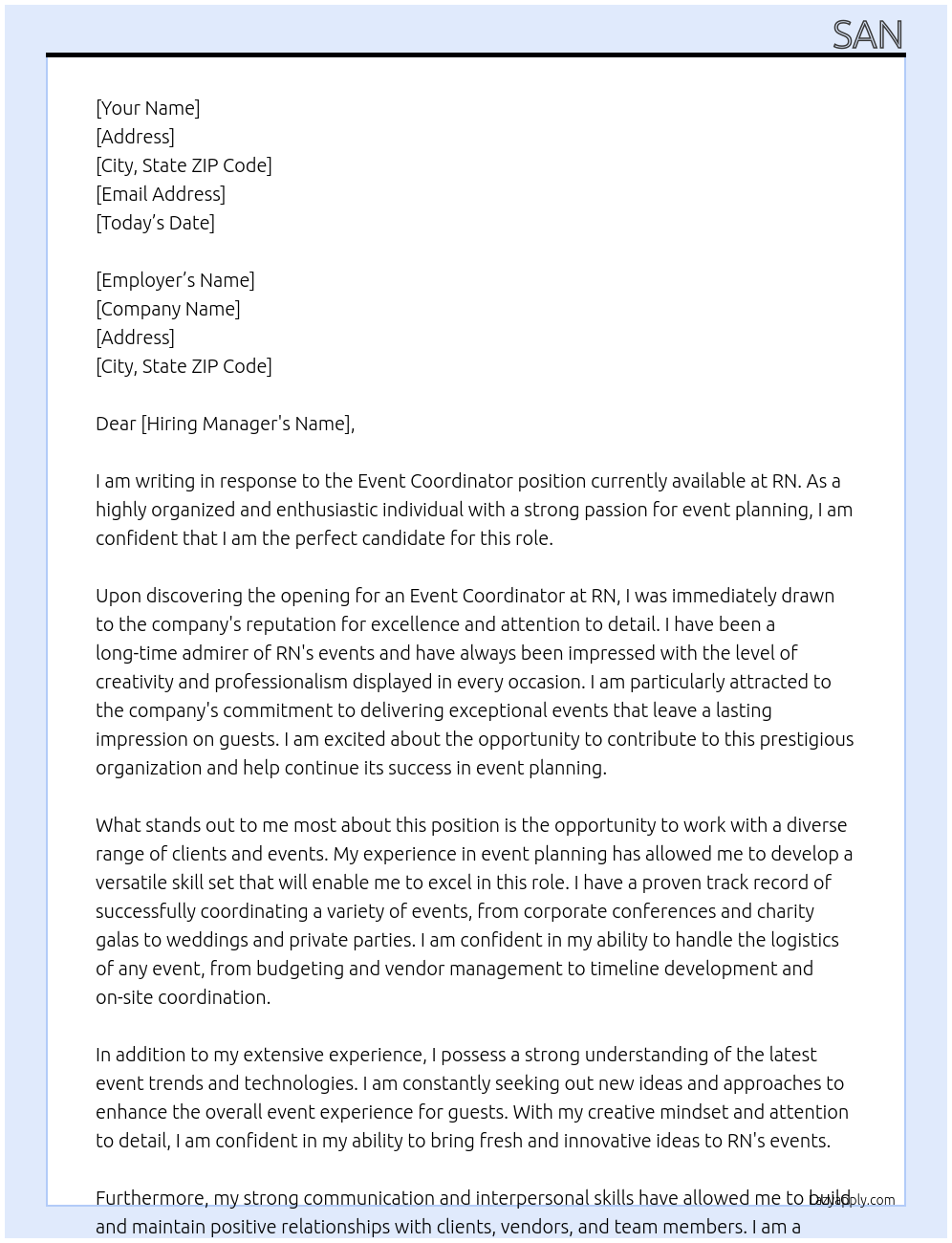 Event coordinator At RN Cover Letter