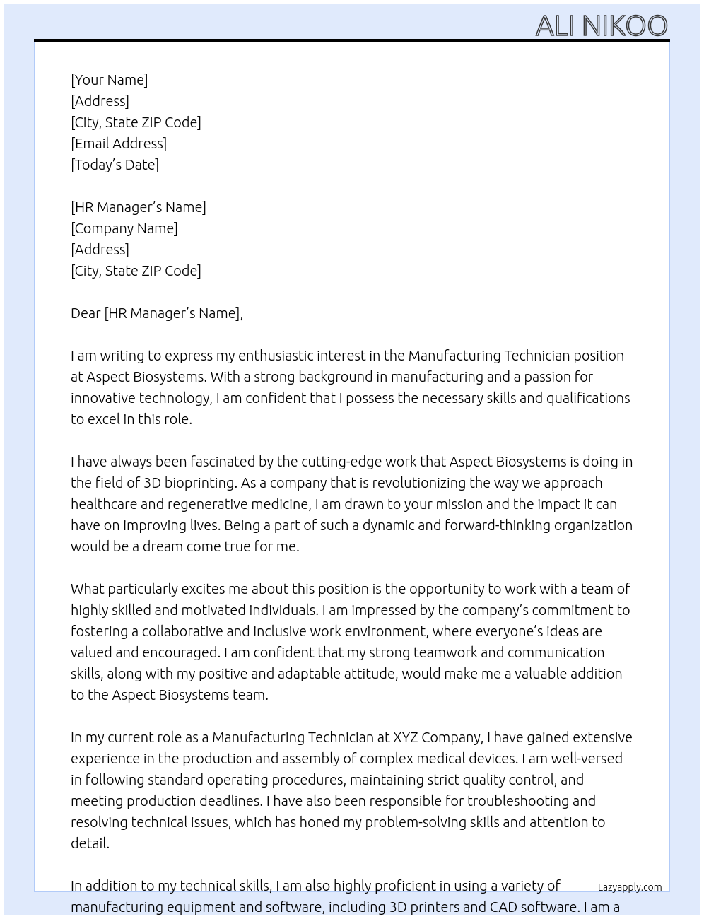 Manufacturing Technician At Aspect Biosystems Cover Letter
