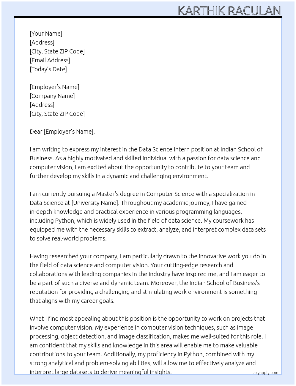 Data Science Intern At Indian School of Buisness Cover Letter